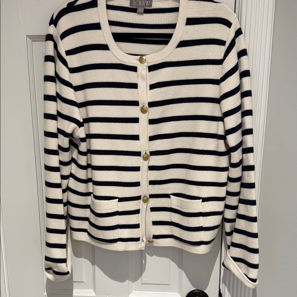 J. Crew Thick Cotton Cardigan Women's Navy and Cream Striped Gold Buttons XL